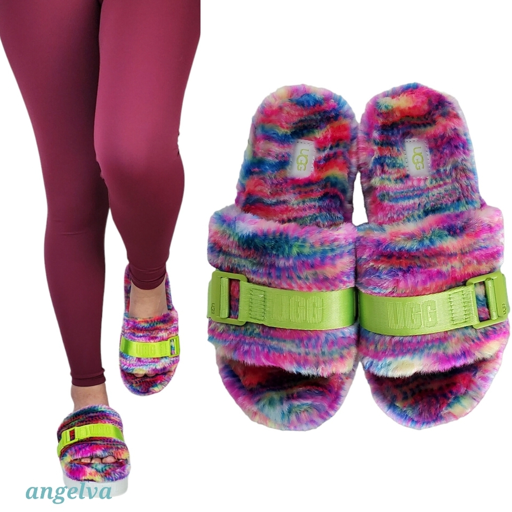 New Ugg fluffita pixelate slide on platform slippers multi bohemian winter logo